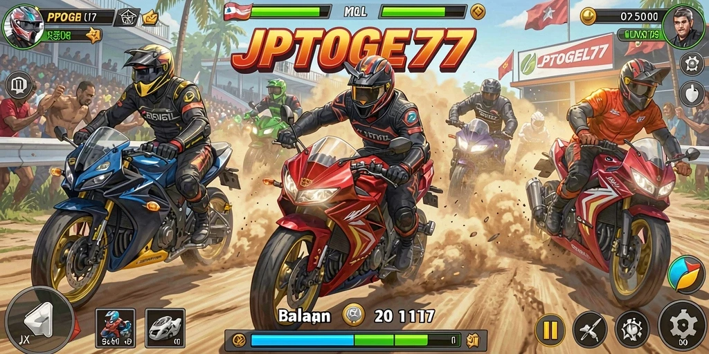 Tampilan gameplay seru JPTOGEL77 di trek balap motor.