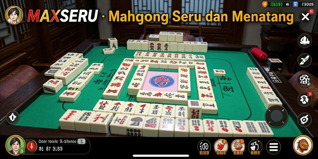 Tampilan screenshot <strong>MAXSERU</strong> menunjukkan permainan Mahjong yang menyenangkan dan menantang.