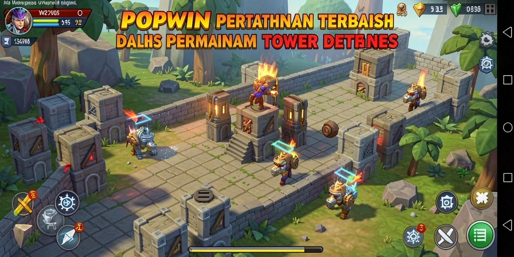 Screenshot gameplay Tower Defense menampilkan serangan musuh dan strategi menara.