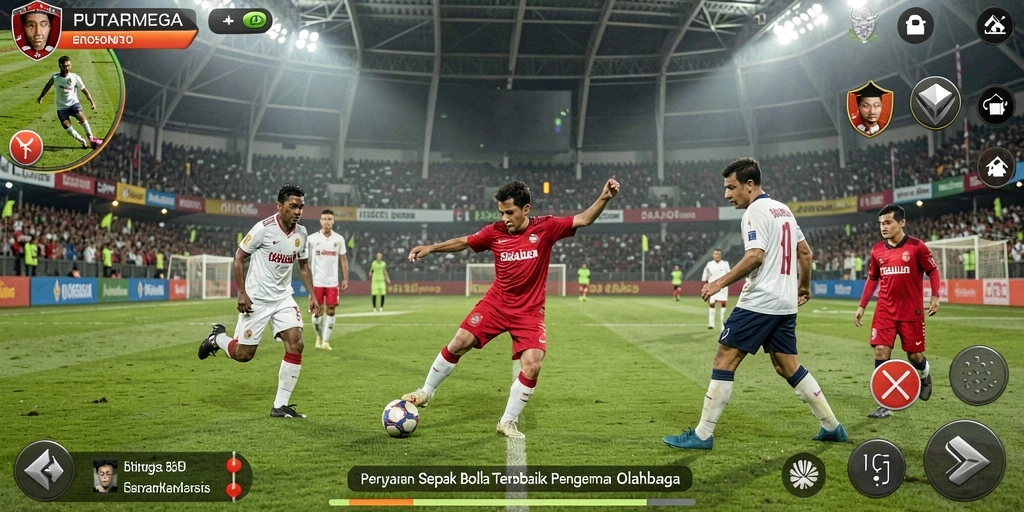 Tampilan gameplay nyata dalam pertarungan sepak bola yang mendebarkan.