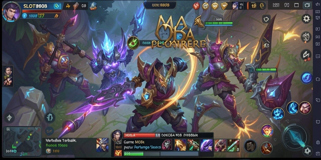 Tangkapan layar SLOT8808 menampilkan pertarungan tim yang seru di arena permainan MOBA.
