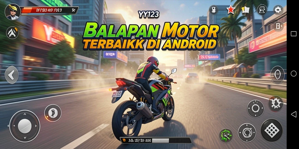 Tangkapan layar utama dari gameplay balapan motor yang mendebarkan.